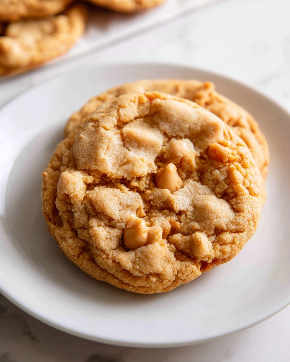 A large white plate piled high with a generous batch of freshly baked butterscotch chip cookies, each cookie golden brown with soft edges, dotted abundantly with melted butterscotch chips that glisten invitingly, the whole stack perfectly arranged to showcase the chewy texture and rich color of every cookie, set against a clean white marble countertop with natural lighting highlighting their warm tones, professional food styling photo taken with an iphone --ar 4:5 --v 7