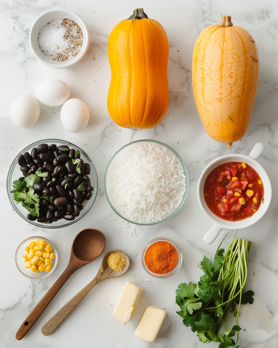 Single white plate holding one stuffed butternut squash half, filled with a colorful mixture of rice, black beans, diced tomatoes, corn, and fresh cilantro, topped with melted cheese melting over the filling. The close-up angled shot captures the tender roasted squash flesh contrasting with the vibrant textured filling, revealing layers of vegetables and grains. Natural light highlights the fresh garnish and golden cheese, set against a white marble surface, styled as a ready-to-eat plated portion. Photo taken with an iphone --ar 4:5 --v 7