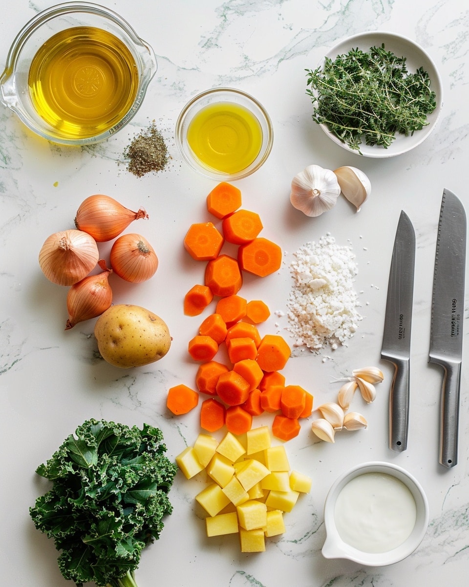 Single white bowl filled with one generous serving of creamy potato soup featuring chunks of red-skinned potatoes, sliced carrots, and chopped kale, topped with golden brown seasoned croutons and a sprinkle of shredded cheddar cheese, close-up angle highlighting the rich texture and colorful ingredients, placed on a white marble surface with natural lighting, styled like a comforting food blog post, photo taken with an iphone --ar 4:5 --v 7