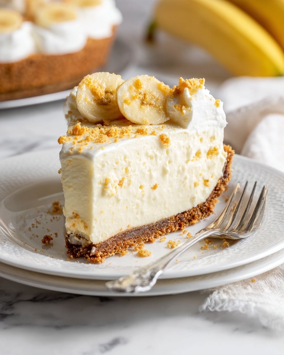 Whole uncut round banana cream pie in a clear glass pie dish, topped with a smooth layer of creamy white whipped topping sprinkled with golden crumbled cookie bits, surrounded by fresh ripe bananas and whole vanilla wafers on a white marble countertop, photographed from a 3/4 angle with natural lighting, professional food magazine hero shot photo taken with an iphone --ar 4:5 --v 7