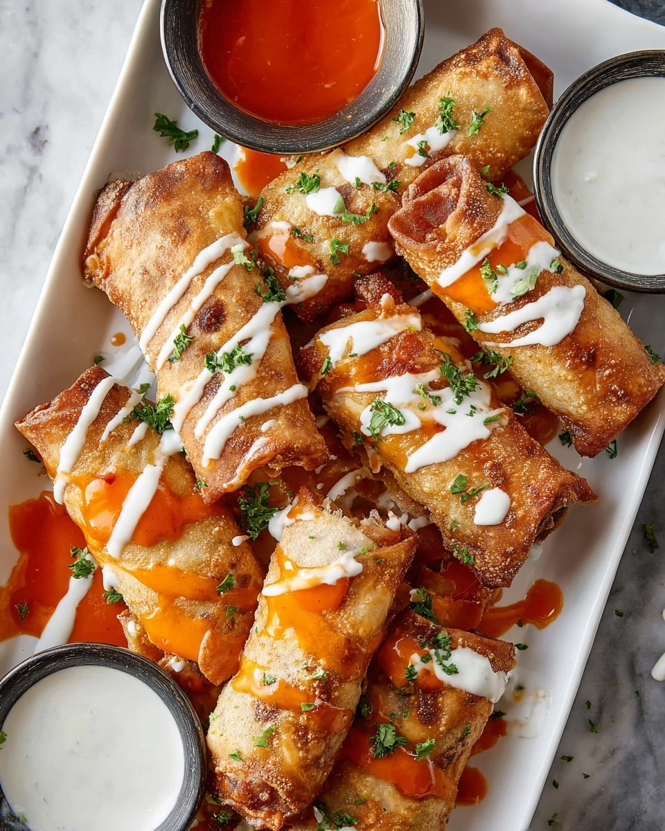White rectangular serving tray filled with multiple golden-brown crispy spring rolls drizzled with white creamy ranch sauce and vibrant orange buffalo sauce, garnished with finely chopped fresh parsley, accompanied by small white bowls of ranch and buffalo dipping sauces on a white marble countertop, shot with natural light from a 3/4 angle, professional food magazine style photo taken with an iphone --ar 4:5 --v 7