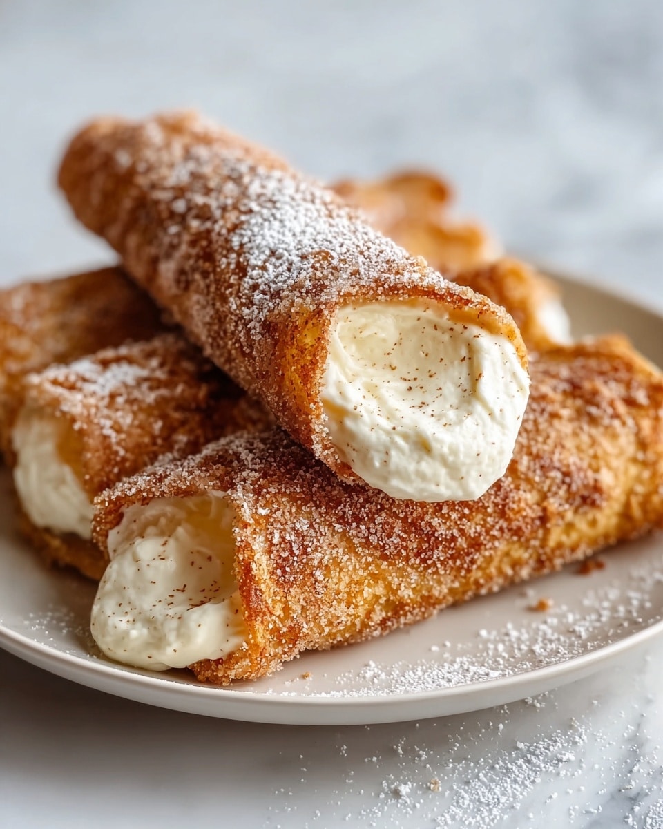 White oval serving platter filled with a generous stack of cinnamon-sugar coated cream-filled rolled pastries, each perfectly cylindrical with creamy vanilla-spiced filling oozing slightly from the ends, sprinkled with powdered sugar and cinnamon for an inviting texture, shot from a 3/4 angle on a white marble background with natural lighting, styled like a hero photo from a premium food magazine, photo taken with an iphone --ar 4:5 --v 7