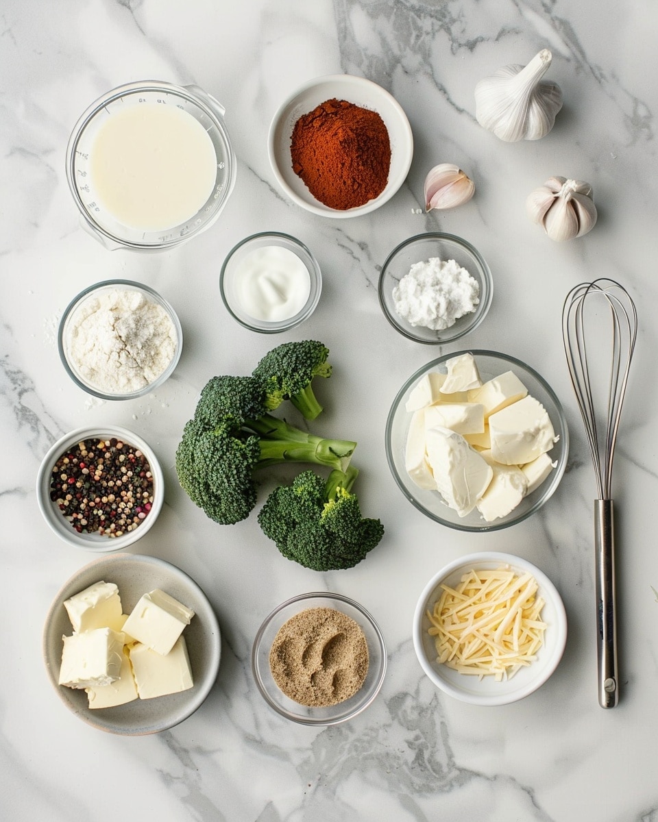 Single white square plate with a generous portion of creamy broccoli casserole showcasing tender broccoli florets enveloped in a rich cheese sauce, a close-up angled view revealing the soft, slightly browned top layer and the creamy interior beneath, garnished with cracked black pepper and red chili flakes, placed on a white marble surface with natural lighting, styled like a food blog’s plated serving photo taken with an iphone --ar 4:5 --v 7