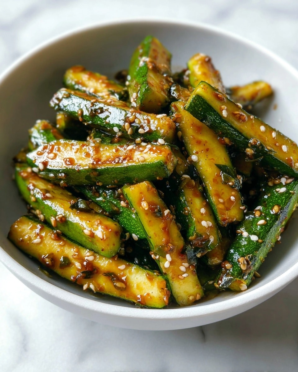 Large white skillet filled with perfectly caramelized teriyaki-glazed zucchini spears, garnished generously with toasted sesame seeds and finely chopped fresh green onions, the zucchini arranged in a neat, abundant layer showing their glossy, rich golden-brown coating, whole dish captured at a 3/4 angle on a white marble countertop with natural lighting, professional food magazine hero shot photo taken with an iphone --ar 4:5 --v 7