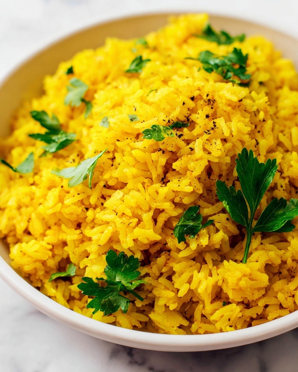 Large white bowl filled with vibrant yellow turmeric rice, generously garnished with fresh chopped cilantro, showcasing the fluffy texture and aromatic spices of the entire dish, placed on a white marble countertop with natural lighting, styled professionally for a food magazine hero shot, photo taken with an iphone --ar 4:5 --v 7