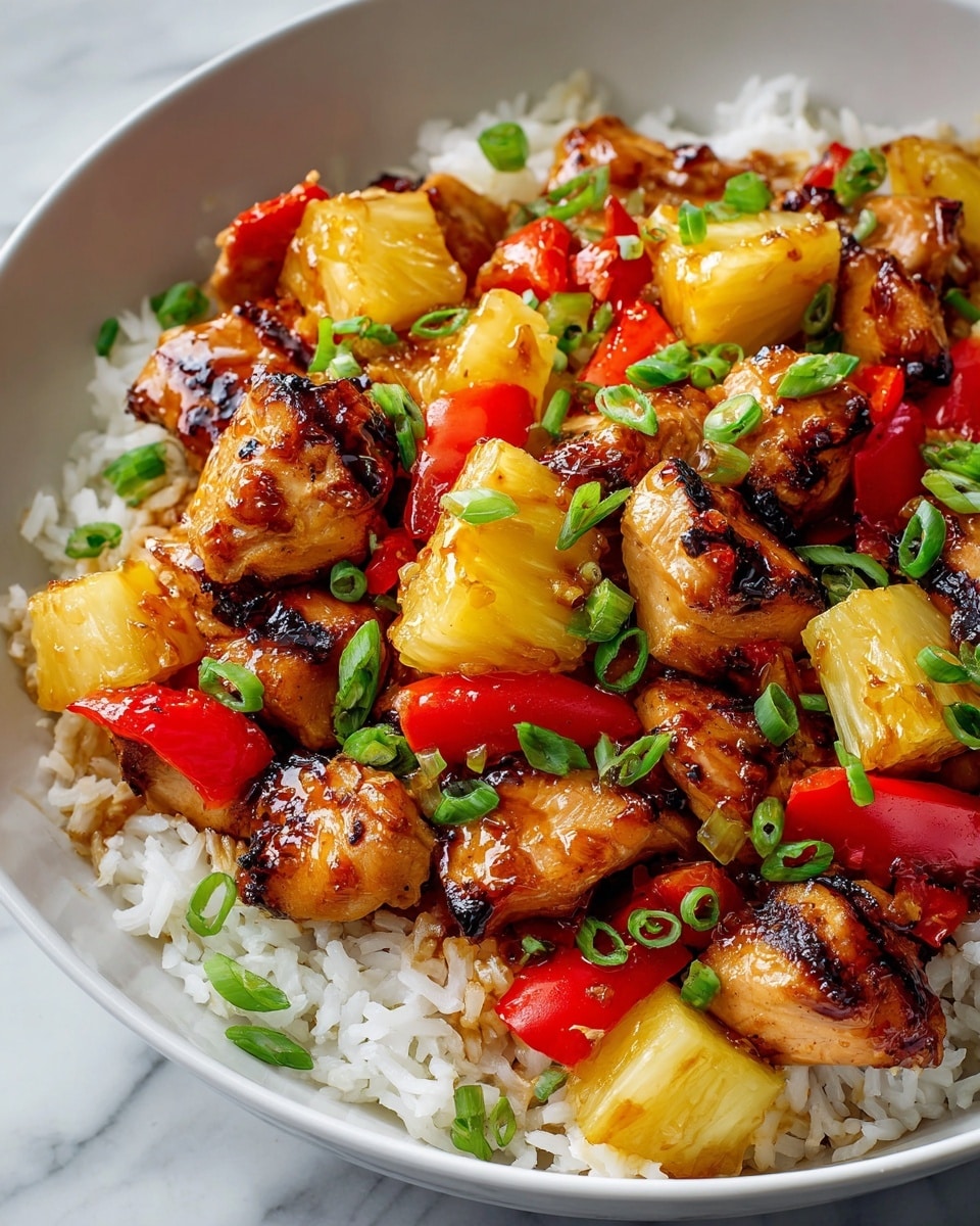 Large white serving bowl filled with whole honey-glazed grilled chicken pieces, vibrant chunks of fresh pineapple, and bright red bell peppers, all generously layered over a bed of fluffy white rice and garnished with chopped green onions, whole dish showcased from a 3/4 angle on a white marble countertop with natural lighting, professional food magazine hero shot photo taken with an iphone --ar 4:5 --v 7