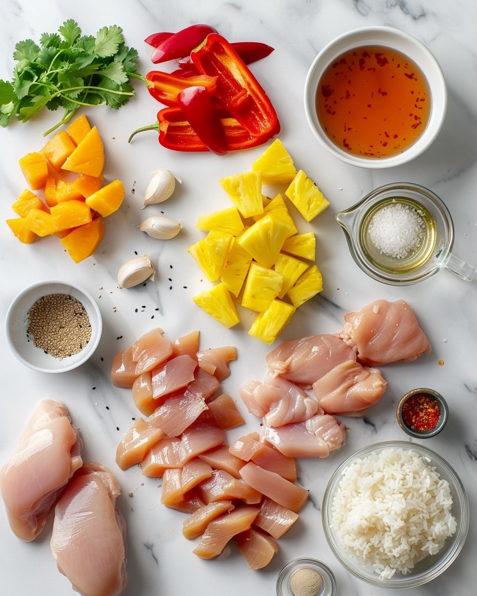 Single white plate serving featuring a neatly arranged portion of glazed chicken pieces with visible caramelized edges, surrounded by juicy pineapple chunks and vibrant red bell pepper pieces, all resting on a bed of fluffy white rice, garnished with finely sliced green onions. The close-up, angled shot emphasizes the glossy texture of the sauce clinging to the tender chicken, the soft interior of the pineapple, and the fresh crispness of the vegetables, set against a white marble background with natural light enhancing the inviting warmth of the meal, intimate plated serving photo taken with an iphone --ar 4:5 --v 7