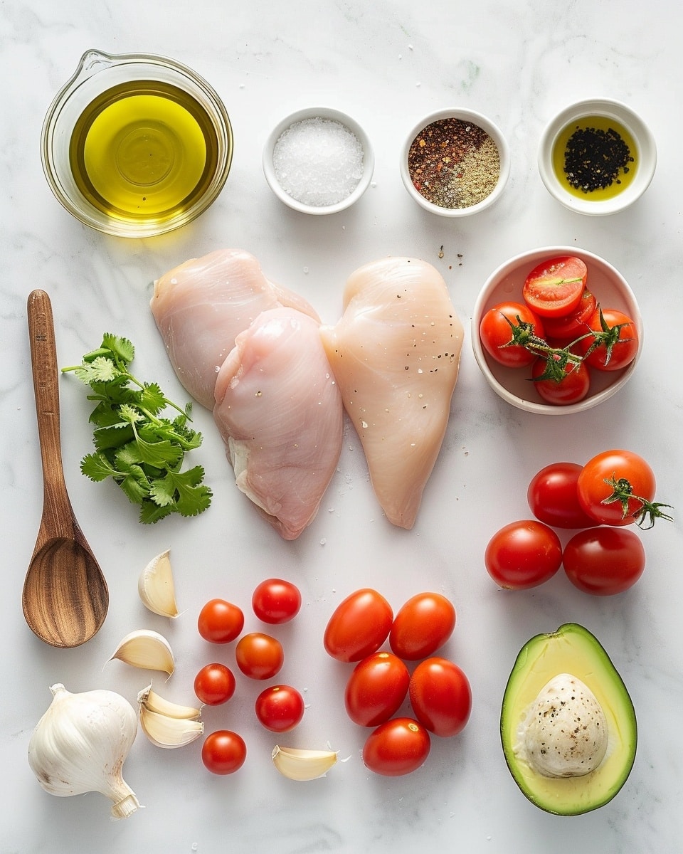 Single white plate featuring a perfectly grilled chicken filet topped with slices of ripe avocado and creamy mozzarella, accented by charred cherry tomato halves and drizzled with a glossy balsamic glaze, close-up angled shot highlighting the seared grill marks on the chicken and the fresh texture of the avocado and tomatoes, garnished with finely chopped fresh herbs, natural lighting on a white marble background, intimate plated serving photo taken with an iphone --ar 4:5 --v 7