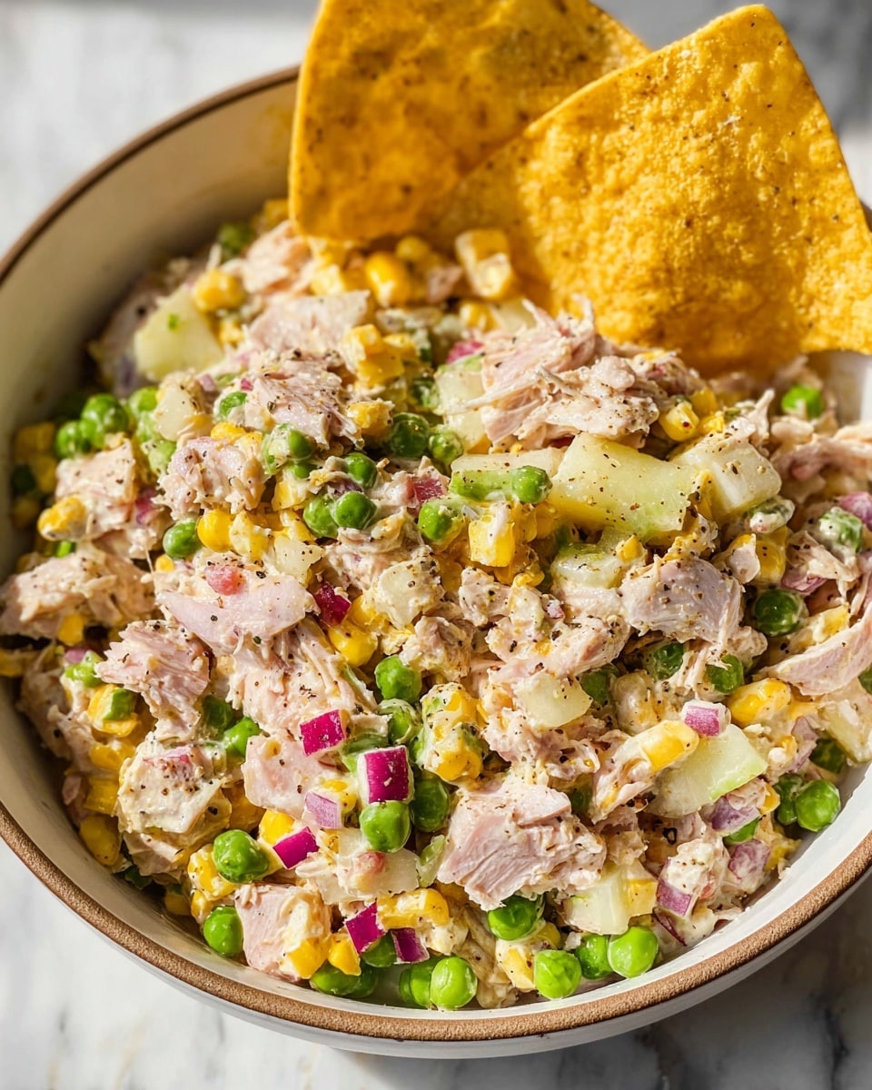 Large white bowl filled with a creamy tuna salad mixed with sweet corn, green peas, finely diced red onion, and crunchy broken tortilla chips, vibrant and colorful, garnished with ground black pepper, surrounded by several full tortilla chips on a white marble countertop, natural lighting, professional 3/4 angle food magazine hero shot, photo taken with an iphone --ar 4:5 --v 7