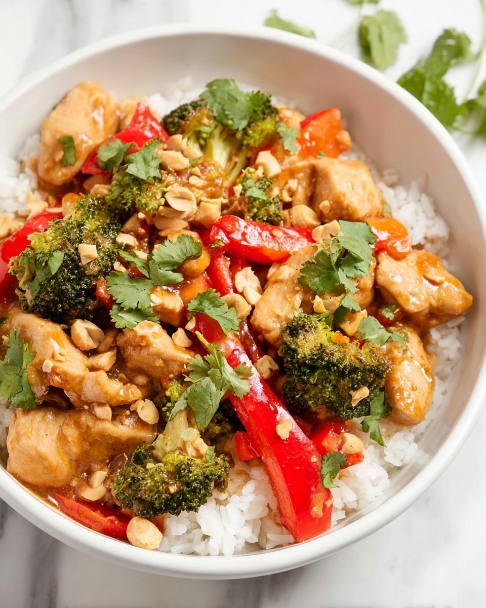 Large white serving bowl filled with whole peanut chicken stir-fry, featuring tender chunks of chicken, vibrant broccoli florets, and strips of red bell pepper all coated in a glossy peanut sauce, served over a bed of fluffy white jasmine rice, garnished with chopped peanuts and fresh cilantro leaves, photographed from a 3/4 angle against a white marble background with natural lighting, professional food magazine hero shot photo taken with an iphone --ar 4:5 --v 7