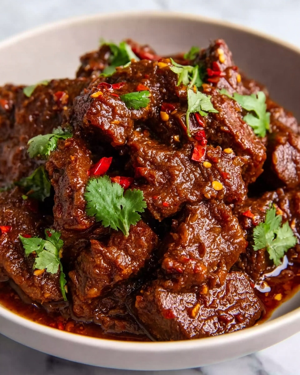 A large white serving bowl filled with a generous portion of spicy, saucy beef strips cooked to tender perfection, richly coated in a dark, glossy sauce with visible flecks of red chili flakes and garnished with fresh chopped cilantro leaves, accompanied by a small white ramekin of extra crushed red chili flakes and a fresh sprig of cilantro on the side, all presented on a white marble surface with natural lighting, captured from a 3/4 angle showcasing the entire dish in a professional food magazine hero style, photo taken with an iphone --ar 4:5 --v 7