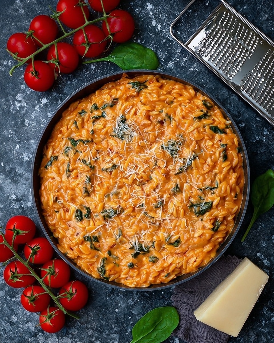Large round black baking dish filled with creamy, rich tomato and spinach orzo pasta, coated evenly in a smooth, velvety orange sauce with grated Parmesan cheese sprinkled on top, garnished with fresh spinach leaves blending into the sauce. The dish is placed on a textured dark surface alongside a bunch of fresh vine cherry tomatoes and a block of Parmesan cheese with a grater, whole presentation photographed from above on a white marble countertop, natural lighting, professional food styling photo taken with an iphone --ar 4:5 --v 7