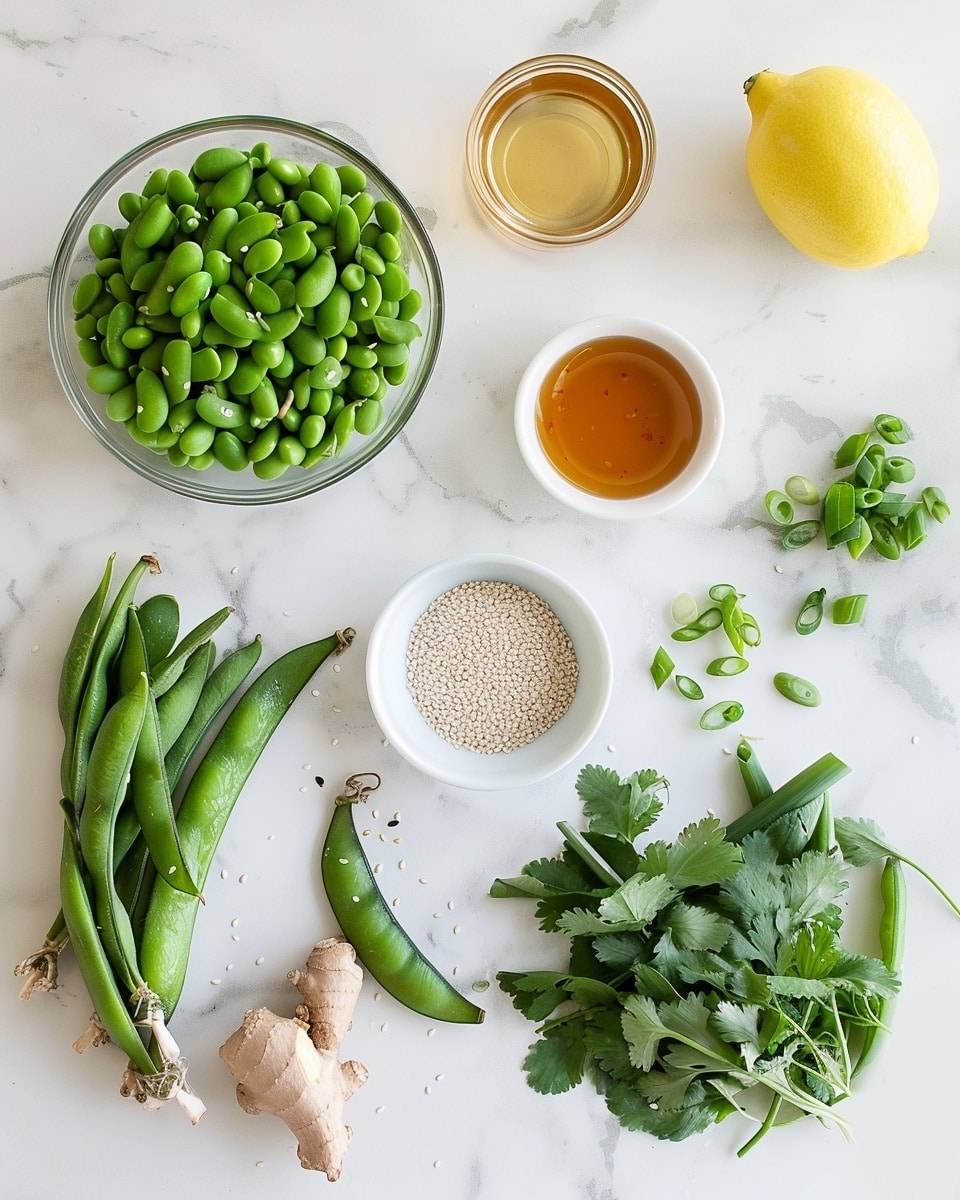 Single white bowl filled with a fresh, vibrant serving of green bean and edamame salad, close-up angled shot revealing the glossy coating of chili-lime dressing on tender sliced green beans and plump edamame, sprinkled with sesame seeds and finely chopped herbs, the textured layers of vegetables clearly visible, placed on a clean white marble surface, styled intimate plated serving photo taken with an iphone --ar 4:5 --v 7