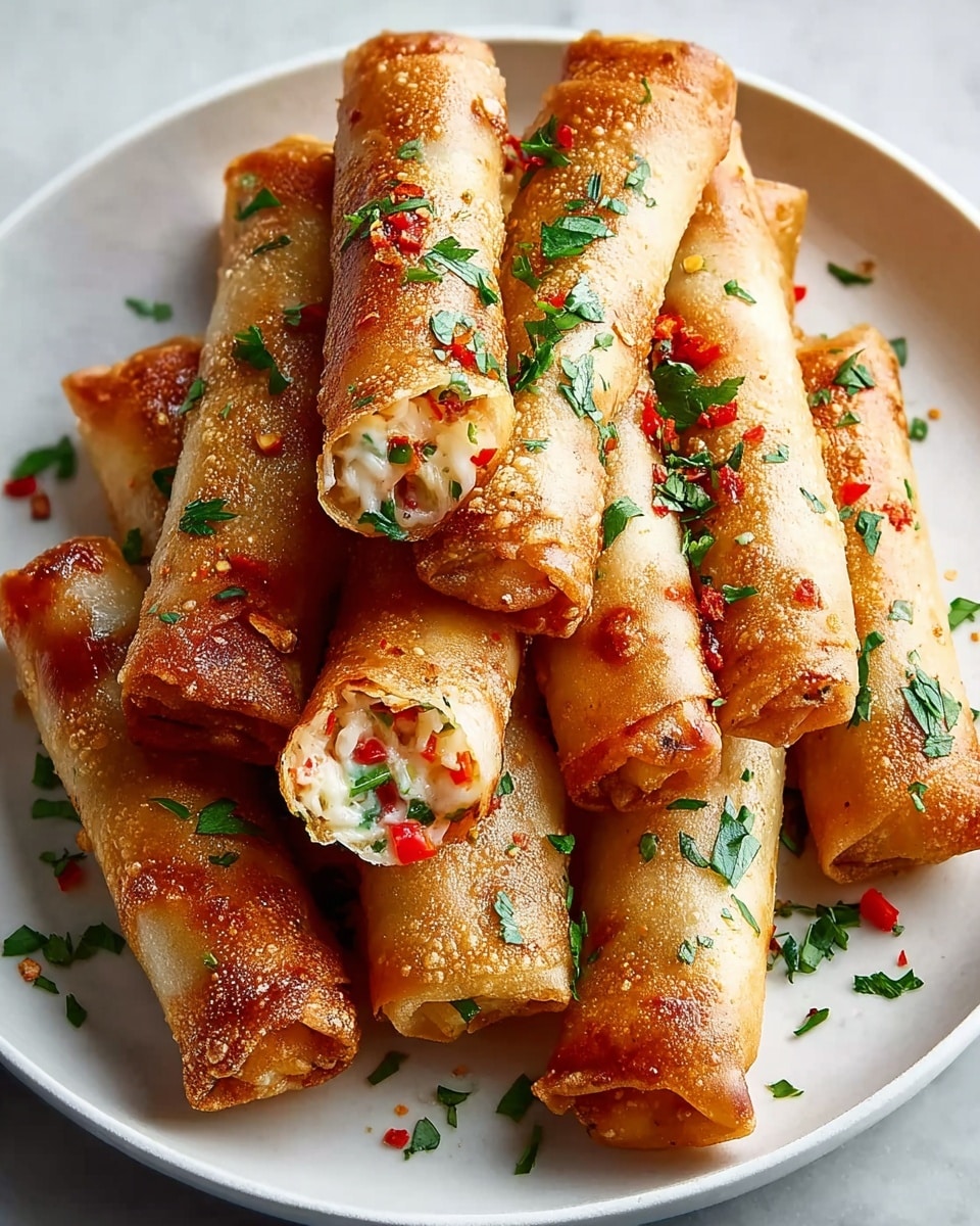 Large white serving platter filled with an abundant stack of golden, crispy spring rolls tightly packed with a creamy mixture of diced vegetables including red bell peppers and green herbs, garnished lightly with scattered fresh chopped herbs and red pepper flakes, shot from a professional 3/4 angle showcasing the entire dish on a white marble countertop with natural lighting, food magazine hero styling photo taken with an iphone --ar 4:5 --v 7