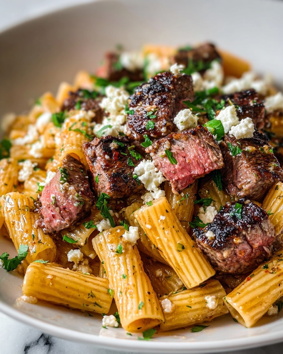 Large white ceramic baking dish filled with creamy baked rigatoni pasta layered with tender chunks of browned beef, diced red bell peppers, and melted mozzarella cheese, sprinkled with fresh chopped parsley and bits of blue cheese crumbles, whole dish displayed prominently from a 3/4 angle on a white marble countertop with natural lighting, styled as a hero food magazine shot, photo taken with an iphone --ar 4:5 --v 7