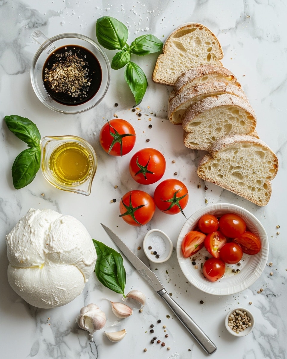 Single white plate featuring one toasted slice of crusty bread topped with creamy burrata cheese and halved cherry tomatoes, drizzled with golden olive oil and sprinkled with dried herbs, garnished with fresh basil leaves, close-up angle emphasizing the soft cheese texture and juicy tomato interiors, set on white marble surface under natural lighting, intimate plated serving photo taken with an iphone --ar 4:5 --v 7