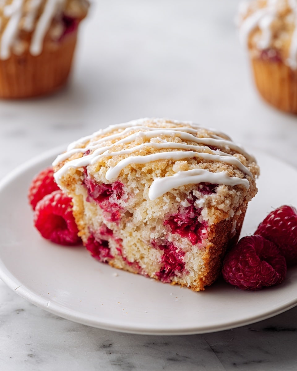 A large white rectangular platter filled with a complete batch of raspberry almond muffins, each muffin studded with whole raspberries and topped with delicate white icing drizzles, surrounded by scattered fresh raspberries and almond flakes for added texture, photographed from a 3/4 angle on a white marble countertop, natural lighting highlighting the golden-brown tops and vibrant red raspberries, professional food magazine hero shot photo taken with an iphone --ar 4:5 --v 7