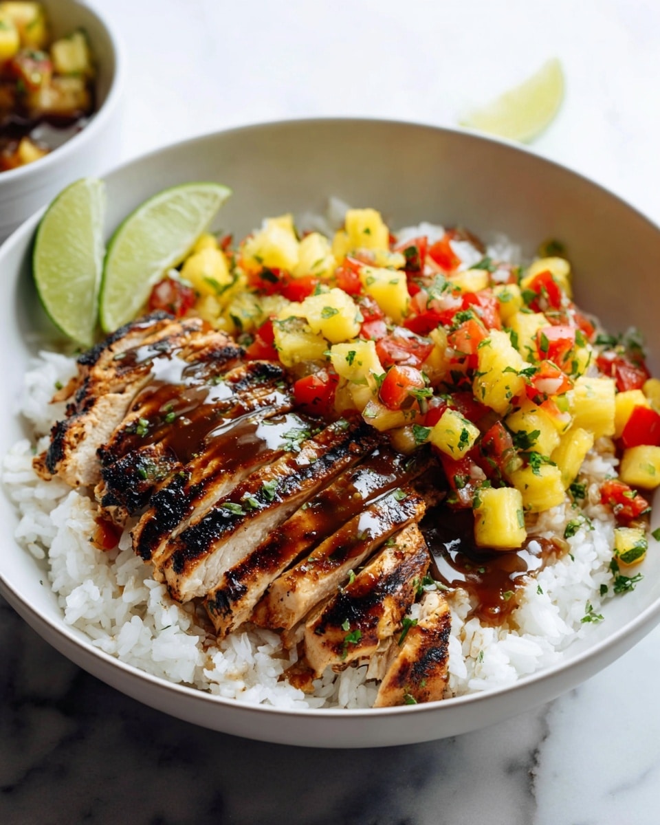 Large white serving bowl filled with fluffy white rice topped with perfectly grilled whole chicken thighs glazed with rich teriyaki sauce, accompanied by a generous heap of vibrant pineapple and tomato salsa mixed with fresh cilantro, lime wedges adorning the side, all arranged to showcase a complete and hearty dish, photographed from a 3/4 angle on a white marble countertop with natural lighting, professional food styling photo taken with an iphone --ar 4:5 --v 7