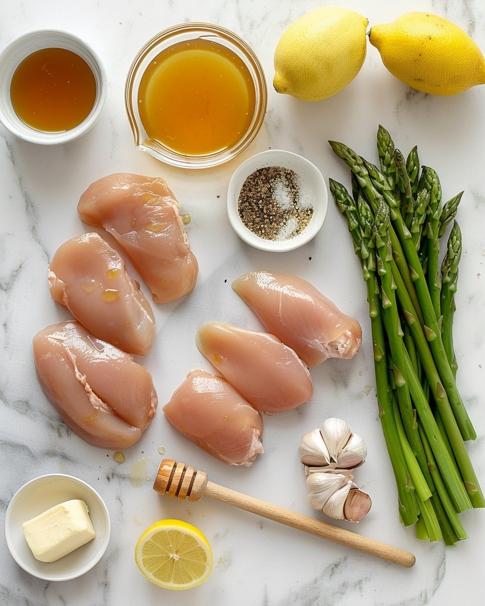 Single white plate showcasing one perfectly roasted chicken thigh with golden-brown, crispy skin and a juicy interior visible at the sliced edge, garnished with a thin lemon slice and sprinkled with fresh herbs, accompanied by a neat row of vibrant green roasted asparagus spears, all presented on a white marble surface with natural lighting, intimate plated serving photo taken with an iphone --ar 4:5 --v 7