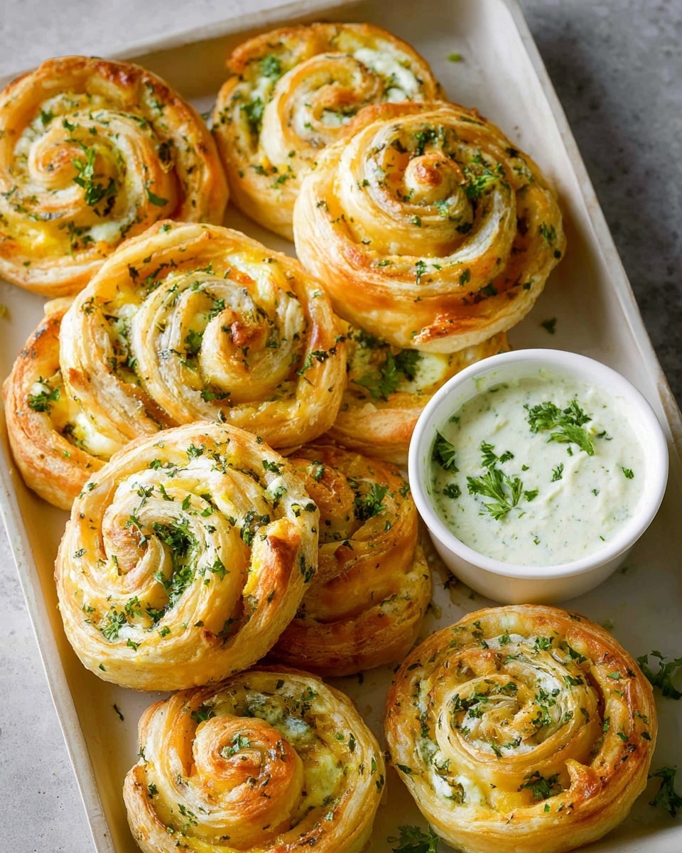 White rectangular baking tray filled with multiple large golden puff pastry pinwheel spirals swirled with vibrant layers of creamy cheese and herbs, garnished generously with fresh chopped parsley, accompanied by a small white bowl of smooth herb-infused dipping sauce, all presented on a white marble background with natural lighting, professional food magazine hero shot, photo taken with an iphone --ar 4:5 --v 7