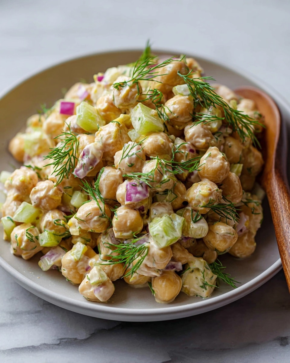 Large white serving bowl filled with a vibrant chickpea salad featuring whole chickpeas, diced cucumbers, red onions, shredded chicken, and fresh dill, all tossed in a creamy dressing, garnished with lemon slices on the side, photographed from a 3/4 angle on a white marble countertop, natural lighting highlighting the fresh ingredients, professional food styling photo taken with an iphone --ar 4:5 --v 7
