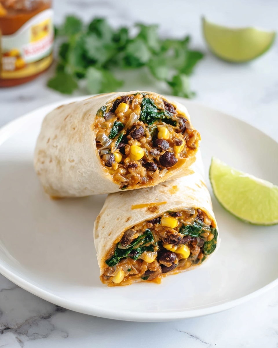 Large white plate showcasing two whole, uncut vegetarian burritos tightly wrapped in soft flour tortillas, generously stuffed with vibrant black beans, sweet corn kernels, fresh spinach, sautéed onions, and melted cheddar cheese, perfectly arranged to highlight the rich textures and colors of the filling, photographed from a 3/4 angle on a white marble countertop, bathed in natural light, styled like a hero shot from a food magazine, photo taken with an iphone --ar 4:5 --v 7