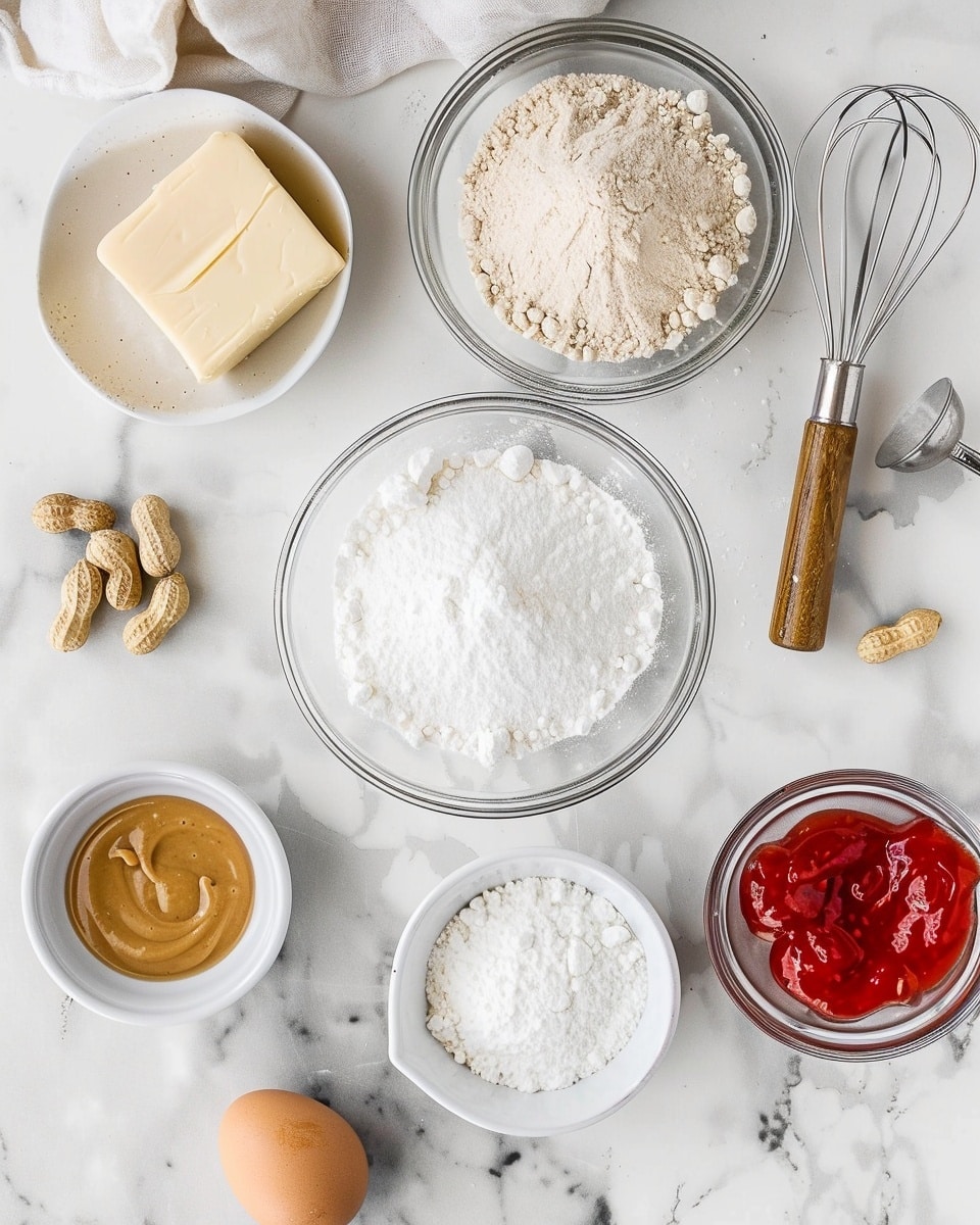 Single white plate with a generously thick slice of peanut butter and jelly cookie bar, close-up angle showing crumbly golden oat cookie layers filled with vibrant red jelly and drizzled with smooth peanut butter, sprinkled with crushed peanuts on top, interior texture moist and rich, natural lighting highlighting the glossy jelly and crunchy nuts, placed on white marble surface, styled individual serving photo taken with an iphone --ar 4:5 --v 7