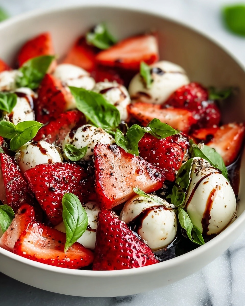 Large white ceramic bowl filled with a fresh strawberry and mozzarella salad, featuring whole and halved ripe strawberries, smooth mozzarella balls, fresh chopped basil leaves, and a drizzle of dark balsamic glaze, sprinkled with cracked black pepper, styled beautifully and captured in a 3/4 angle hero shot on a white marble countertop with natural lighting, professional food magazine quality photo taken with an iphone --ar 4:5 --v 7