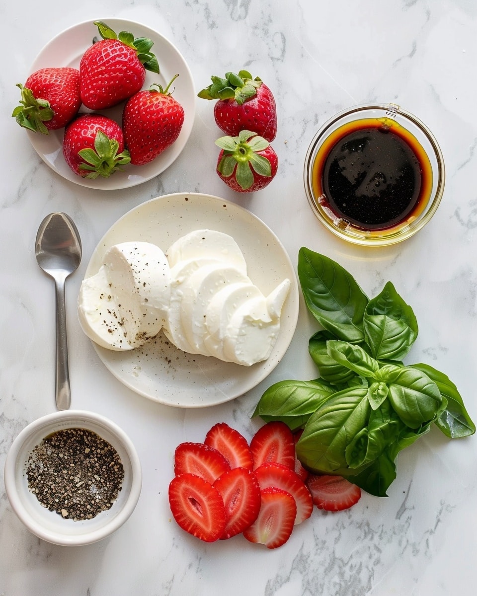 Single white bowl containing one serving of fresh strawberry and mozzarella salad with vibrant halved strawberries, smooth mozzarella balls, and bright green basil leaves, drizzled with rich balsamic glaze and sprinkled with cracked black pepper, close-up angle emphasizing the juicy fruit texture and creamy cheese, natural lighting highlighting the freshness, placed on white marble surface, intimate plated serving photo taken with an iphone --ar 4:5 --v 7