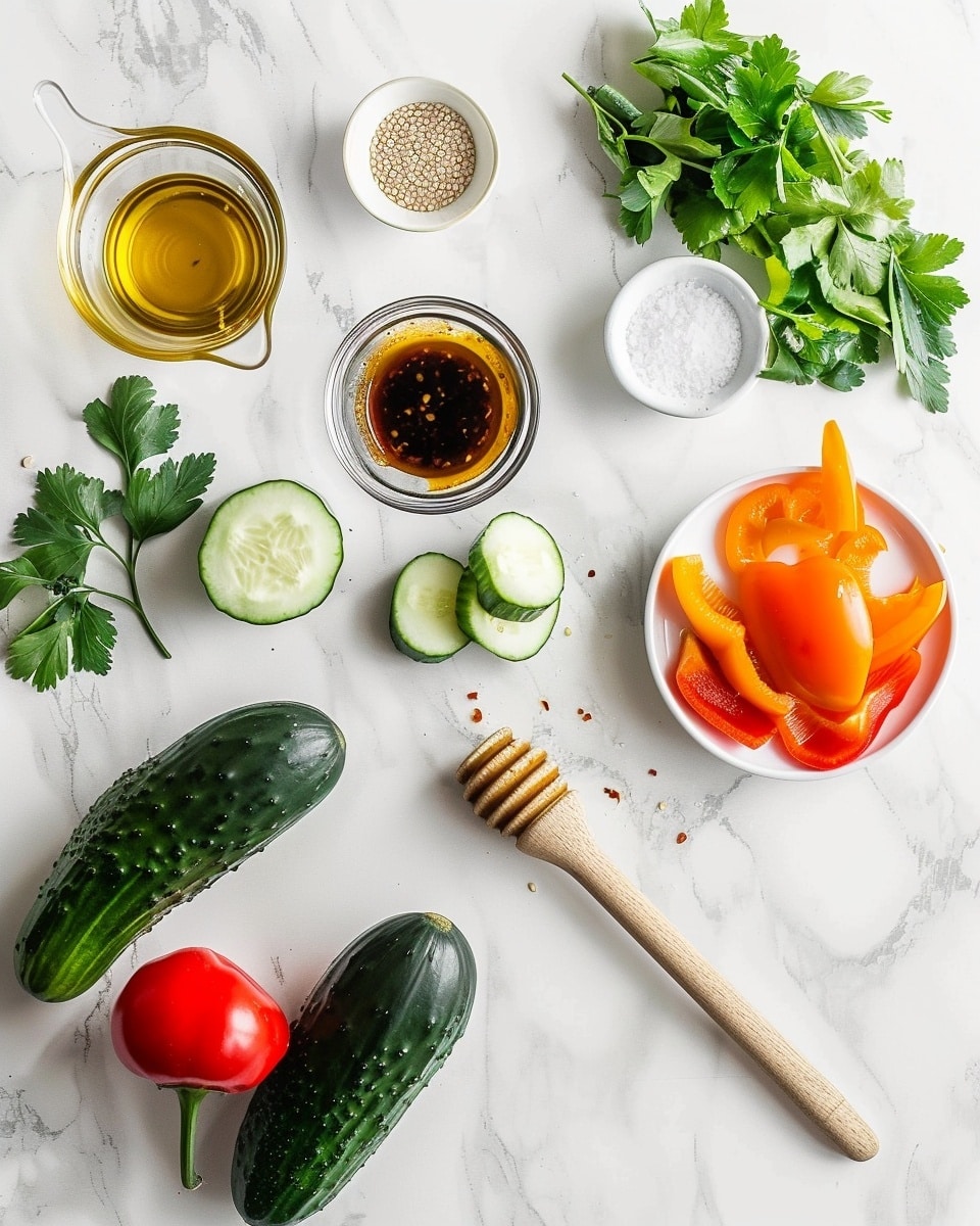 Single white bowl filled with a vibrant portion of pickled mini cucumbers and multicolored mini sweet peppers, thinly sliced and mixed with visible specks of black and white sesame seeds and red chili flakes, glistening with a light dressing, close-up angled shot revealing crisp textures and fresh seasoning, placed on white marble surface, styled for an intimate food blog presentation, photo taken with an iphone --ar 4:5 --v 7