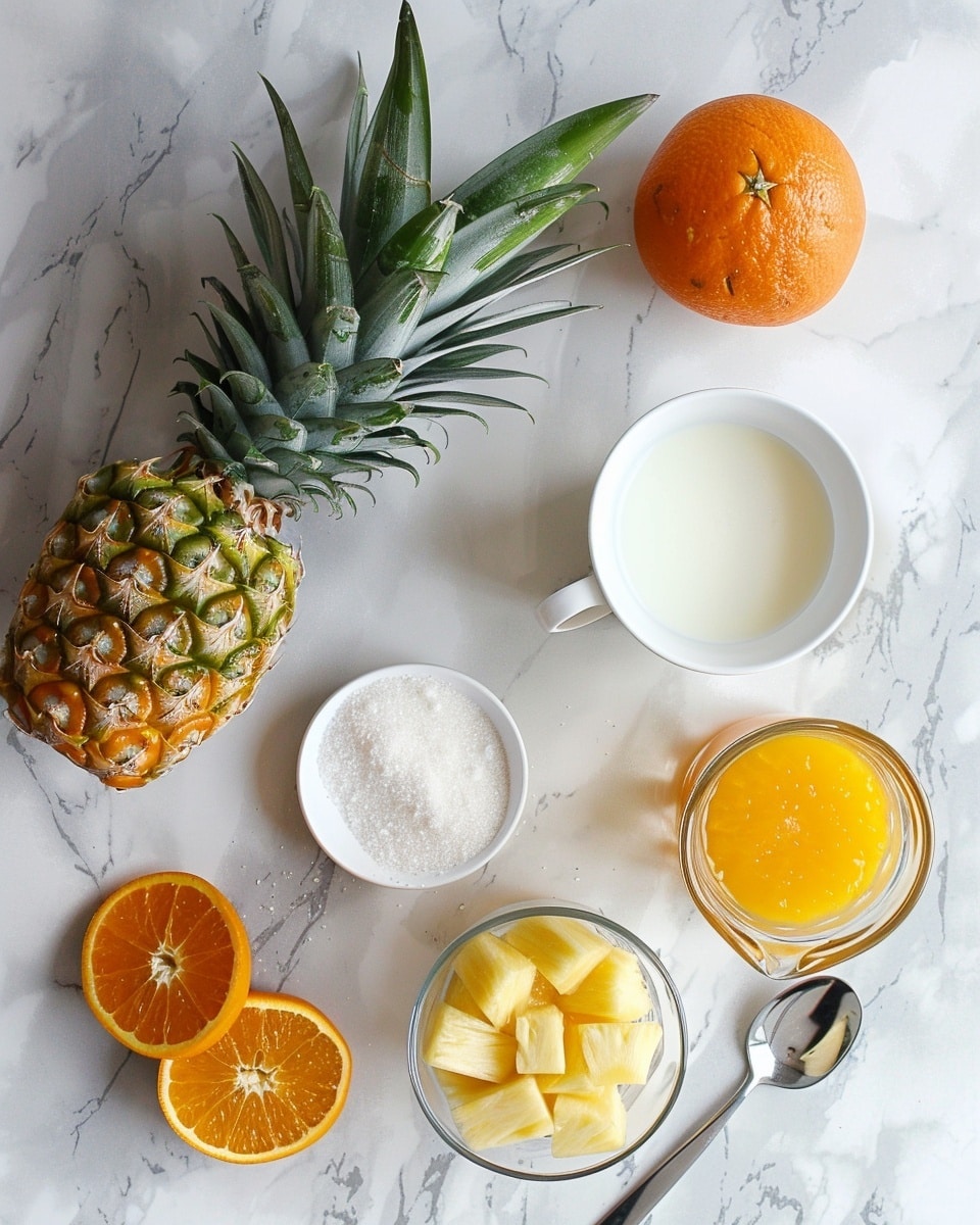 Single white margarita glass filled with a creamy pineapple orange cocktail, ice cubes visible through the frosty glass, garnished with a vibrant orange slice on the rim, close-up angled view emphasizing the chilled texture and refreshing creamy layers, placed on a white marble surface, natural bright lighting, styled like a food blog individual serving photo taken with an iphone --ar 4:5 --v 7