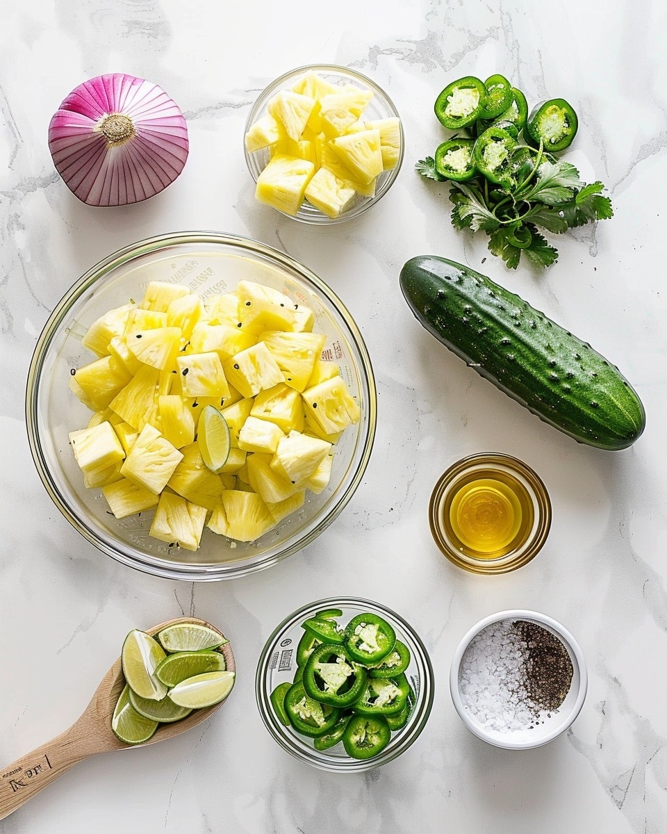 Single white bowl with a vibrant portion of fresh pineapple salad featuring juicy pineapple chunks, thinly sliced cucumber, bright green jalapeño rings, and delicate slivers of red onion, all tossed with finely chopped cilantro and sprinkled with red chili flakes, close-up shot capturing the glossy textures and fresh layers of ingredients, placed on a white marble surface with natural lighting, styled as an inviting single serving from a food blog, photo taken with an iphone --ar 4:5 --v 7