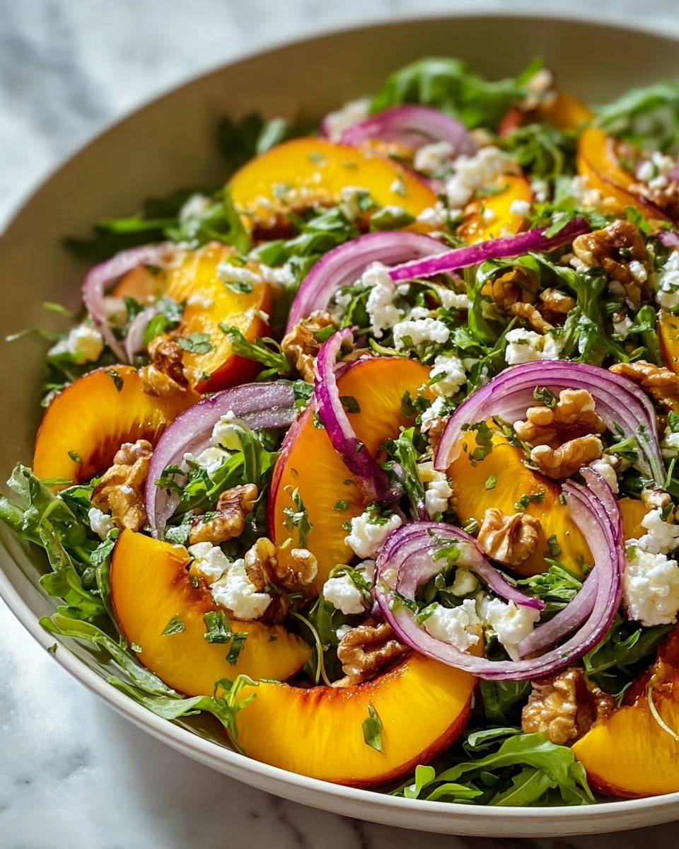Large white bowl filled with a vibrant peach and arugula salad, showcasing whole fresh peach slices, scattered walnut halves, crumbled feta cheese, and thin rings of red onion, all tossed lightly and garnished with finely chopped herbs, captured in a professional 3/4 angle shot on a white marble countertop with natural lighting, appearing fresh and colorful, whole dish in frame, photo taken with an iphone --ar 4:5 --v 7