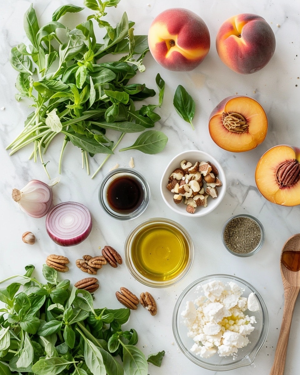 Single white plate featuring a fresh, vibrant serving of peach and arugula salad, with juicy peach slices nestled among peppery arugula leaves, scattered chunks of creamy feta cheese, toasted walnut pieces adding crunch, and thin rings of tangy red onion, all lightly seasoned with cracked black pepper, close-up angled view highlighting the crisp textures and bright colors, set against a white marble surface with natural lighting, styled as an inviting plated serving ready to eat, photo taken with an iphone --ar 4:5 --v 7