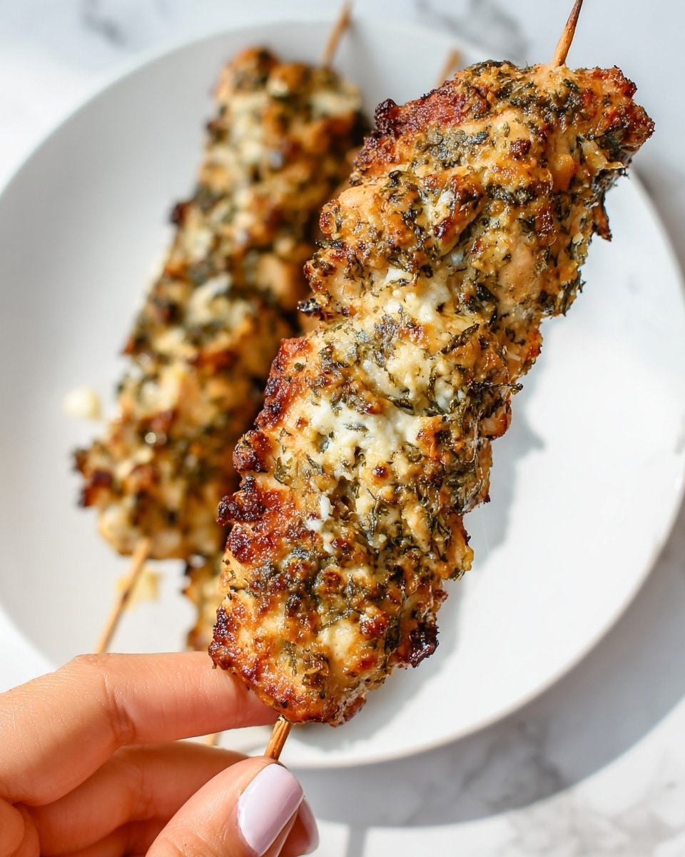 Three whole grilled chicken skewers generously coated with a savory mixture of garlic, herbs, and spices, arranged neatly on a large white rectangular serving platter, the chicken beautifully charred and glistening with a slight hint of caramelized oil, photographed from a 3/4 angle on a white marble surface with natural lighting, styled as a mouthwatering hero shot from a food magazine, photo taken with an iphone --ar 4:5 --v 7
