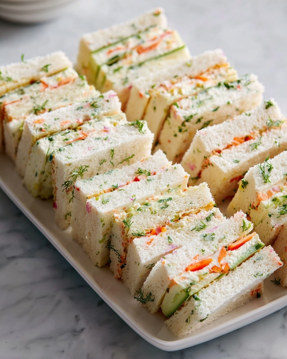 Large white rectangular platter filled with an array of neatly arranged finger sandwiches, each made with soft white bread layered with a creamy filling mixed with finely chopped herbs and small pieces of colorful vegetables like carrots and cucumber, presented as a full set of delicate, uniform sandwiches, whole dish photographed from a professional 3/4 angle on a white marble countertop, natural lighting, styled like a hero shot from a food magazine, photo taken with an iphone --ar 4:5 --v 7