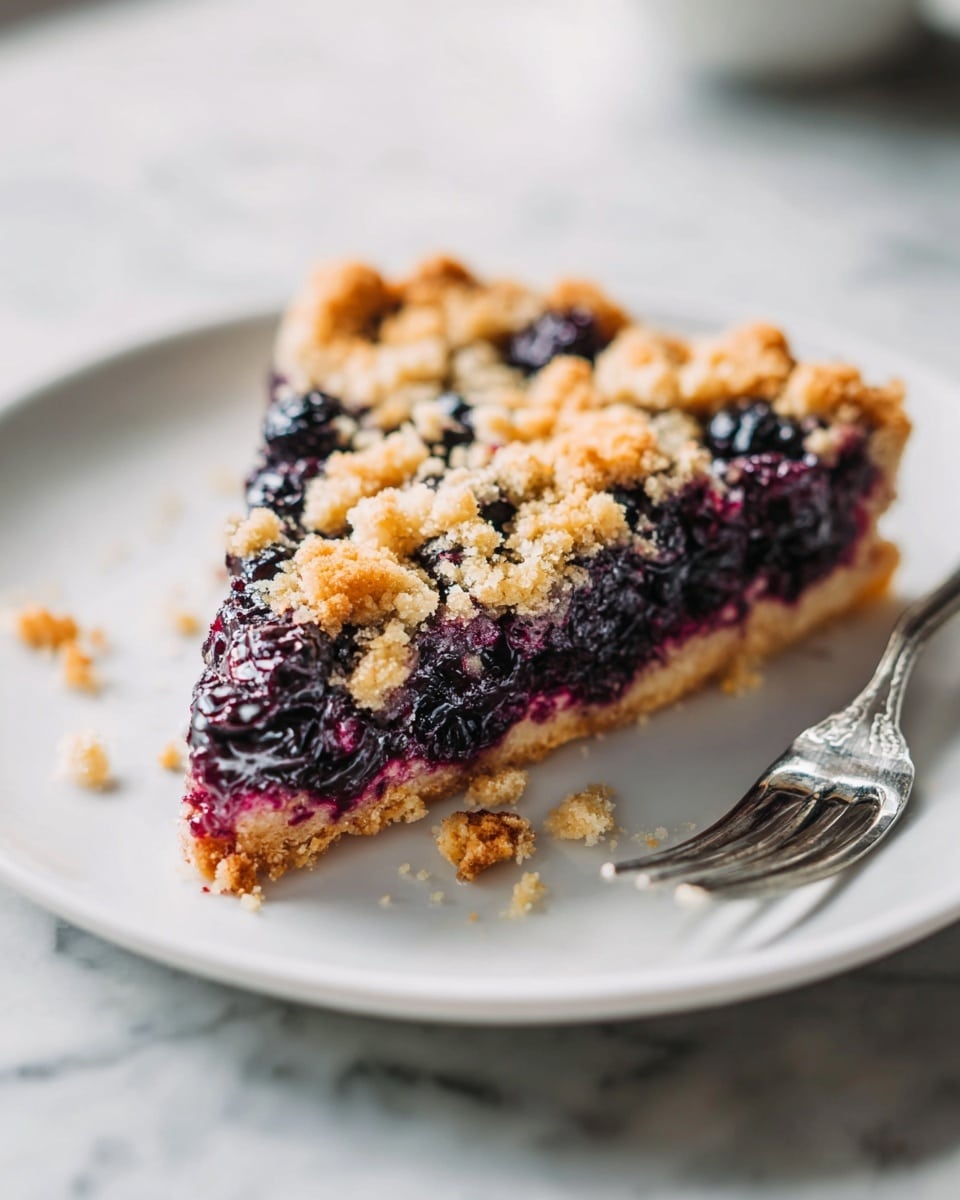 Whole round blueberry crumb tart displayed on a large white ceramic plate, featuring a golden-brown crumb topping generously scattered over a vibrant, juicy blueberry filling nestled in a perfectly baked, thick crust, the complete tart shown intact with natural cracks on the crumb surface adding texture, shot from a 3/4 angle on a white marble tabletop, bathed in gentle natural light highlighting the rich colors and inviting textures, styled professionally like a hero food magazine shot photo taken with an iphone --ar 4:5 --v 7