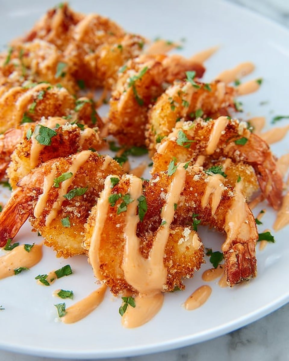 Large white serving plate filled with a generous pile of golden, crispy breaded shrimp, each coated evenly and drizzled with a creamy, light brown sauce, garnished with fresh chopped green herbs scattered atop, entire arrangement styled for a professional food magazine hero shot, photographed from a 3/4 angle on a white marble countertop with natural lighting, photo taken with an iphone --ar 4:5 --v 7