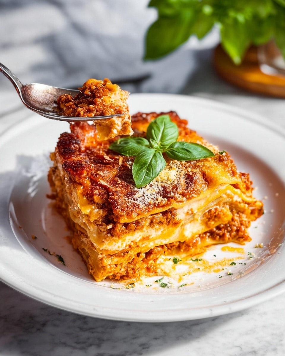 Large white ceramic baking dish filled with a whole golden-baked lasagna, topped with a bubbly, browned layer of melted cheese and garnished with fresh basil leaves, showing the entire uncut dish resting on a white marble countertop, captured with natural lighting from a professional 3/4 angle, styled as a hero food magazine shot, photo taken with an iphone --ar 4:5 --v 7