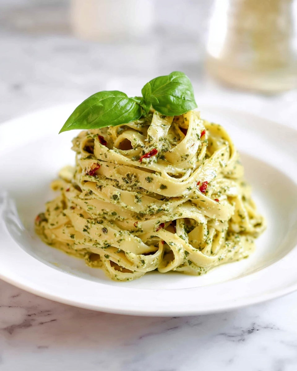 Large white serving bowl filled with creamy pesto fettuccine pasta mixed evenly with fresh herbs and specks of crushed red pepper, garnished with whole vibrant green basil leaves on top, showcasing the entire portion in a professional 3/4 angle shot on a white marble countertop with natural lighting, styled as a hero food magazine photo taken with an iphone --ar 4:5 --v 7