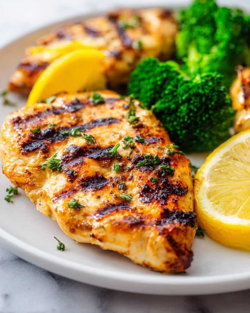 Large white rectangular platter beautifully arranged with multiple whole grilled chicken fillets featuring perfect char marks, garnished with vibrant green broccoli florets and bright yellow lemon slices scattered attractively around, all presented on a white marble background with natural lighting, captured in a professional 3/4 angle food magazine hero shot, photo taken with an iphone --ar 4:5 --v 7