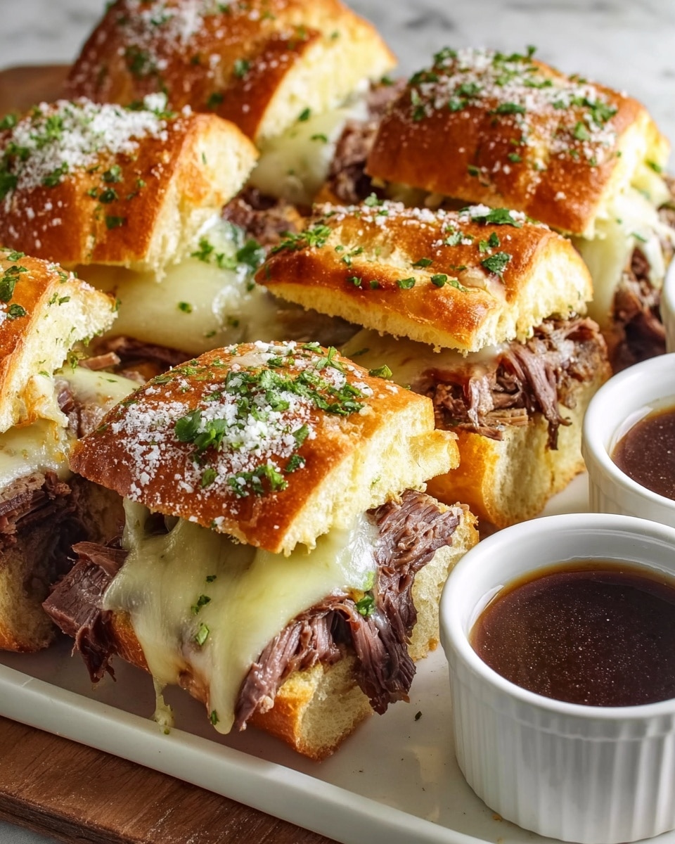 A white rectangular serving tray filled with multiple perfectly assembled French dip sandwiches featuring soft, golden toasted baguette rolls topped with melted Swiss cheese over tender, shredded roast beef, sprinkled with fresh chopped parsley and coarse sea salt, accompanied by small white ramekins of rich, savory au jus dipping sauce, whole dish photographed from a 3/4 angle on a white marble countertop, natural lighting, professional food magazine hero shot photo taken with an iphone --ar 4:5 --v 7