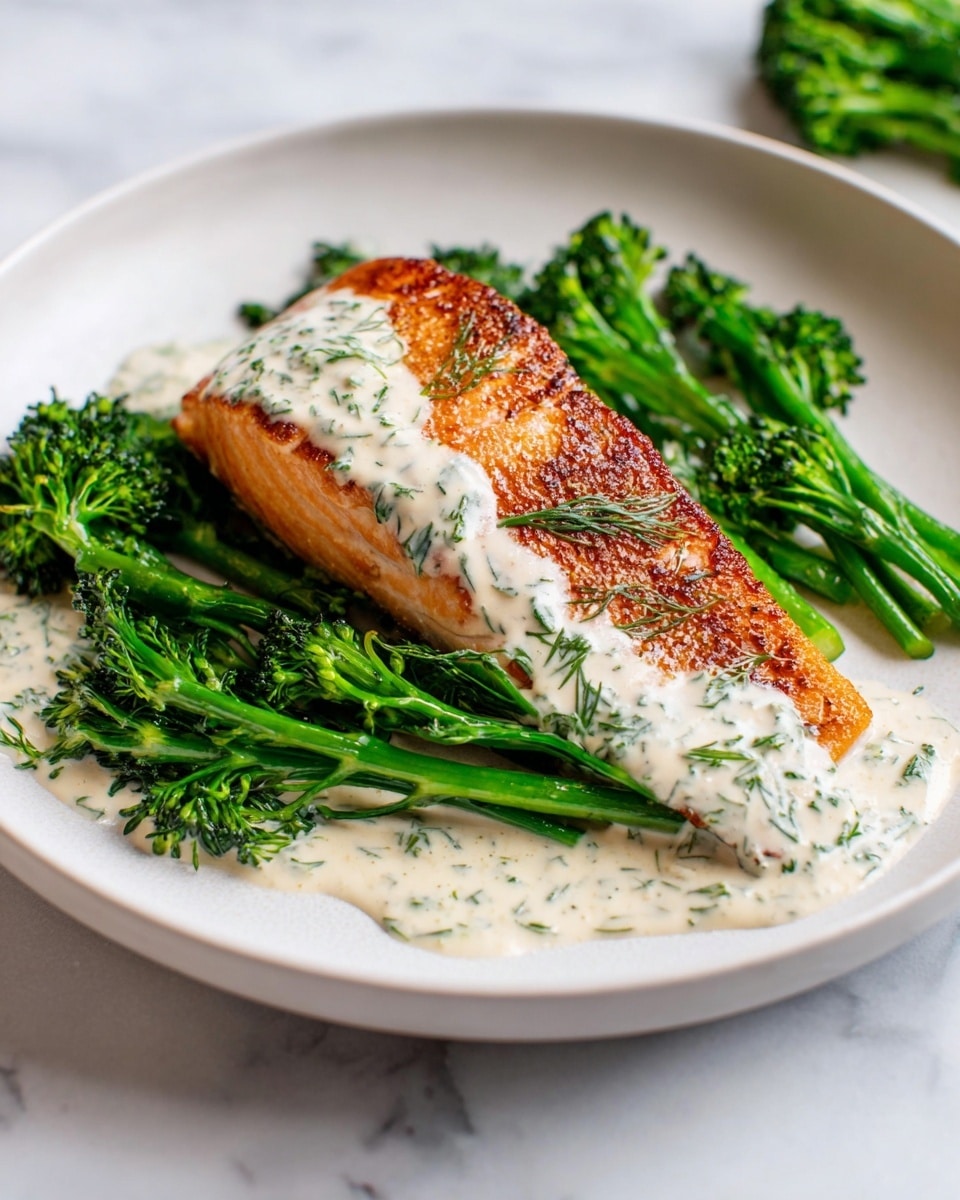 Large white skillet filled with multiple golden seared salmon fillets nestled in a creamy dill sauce, garnished with fresh chopped herbs, whole dish presented from a 3/4 angle on a white marble background, bathed in natural lighting, professional food magazine hero shot photo taken with an iphone --ar 4:5 --v 7