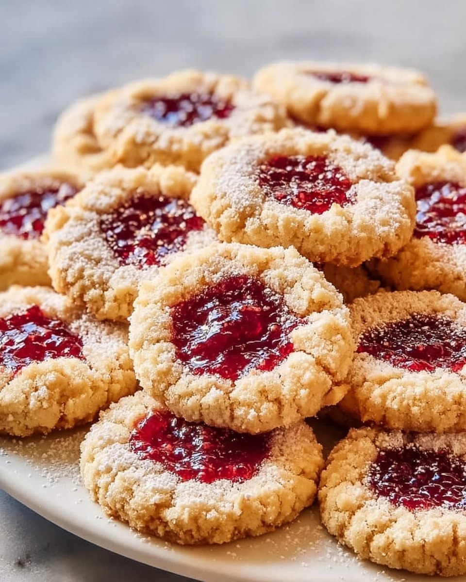 A large white platter showcasing a full batch of perfectly baked jam thumbprint cookies, each with a golden crumbly edge and a vibrant red jam center, arranged neatly across the surface, the cookies featuring a generous sprinkle of powdered sugar to accentuate texture, all presented on a white marble countertop with natural lighting, styled for a professional food magazine hero shot, photo taken with an iphone --ar 4:5 --v 7