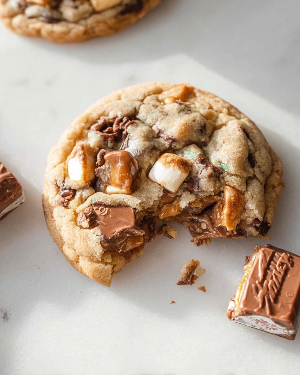Large white rectangular serving platter filled with a full batch of freshly baked chunky chocolate chip cookies studded with melted chocolate chunks and gooey caramel pieces, some cookies topped with mini candy bars like Milky Way and M&M's, arranged closely together showcasing their golden brown texture under natural light on a white marble countertop, professional food styling, whole dish photographed from a 3/4 angle photo taken with an iphone --ar 4:5 --v 7