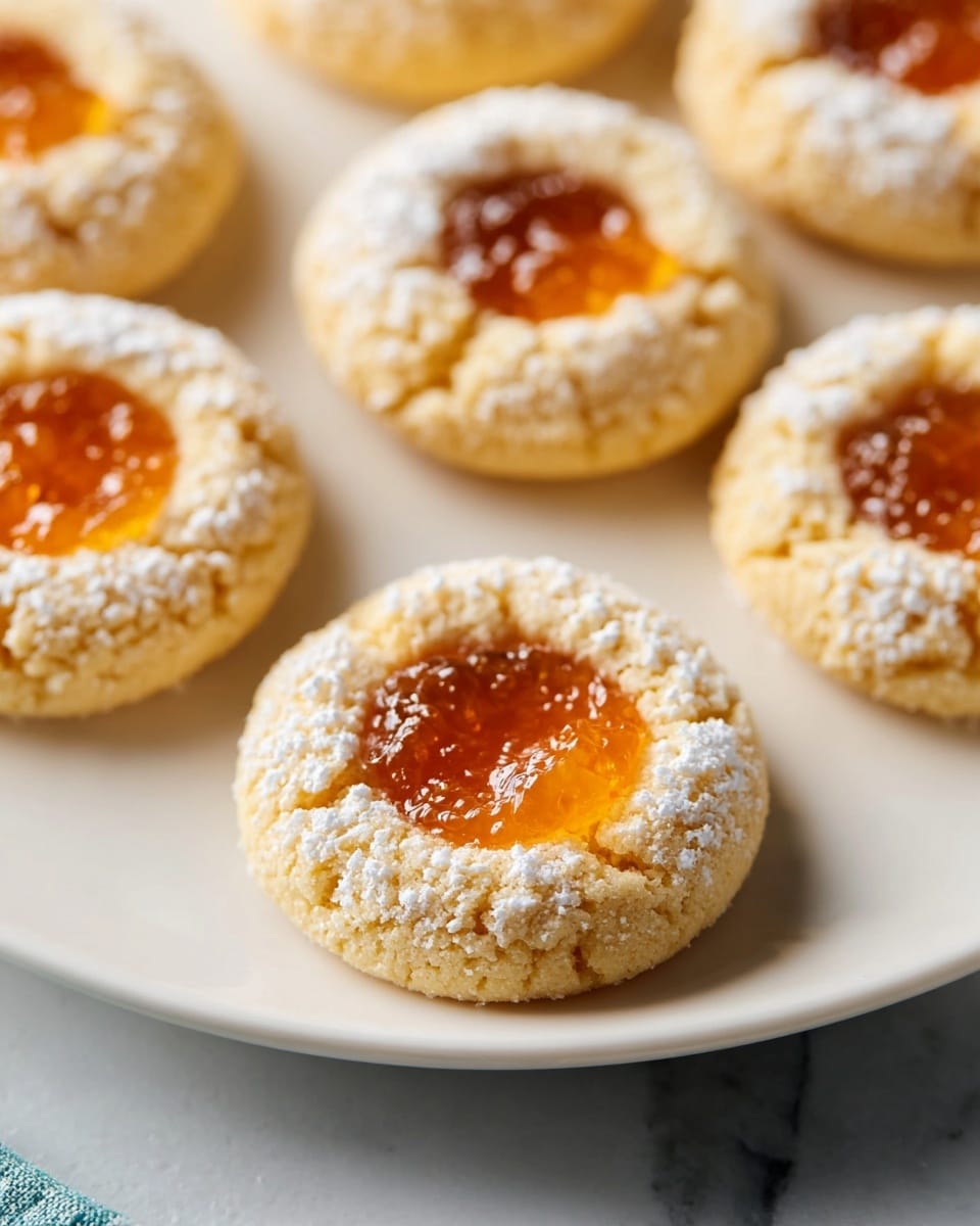 Large white plate filled with a full batch of golden thumbprint cookies, each with a glossy orange marmalade center and lightly dusted with powdered sugar, arranged neatly in circular rows, accompanied by fresh orange halves nearby, shot from a 3/4 angle on a white marble background with natural lighting, professional food magazine hero shot, photo taken with an iphone --ar 4:5 --v 7