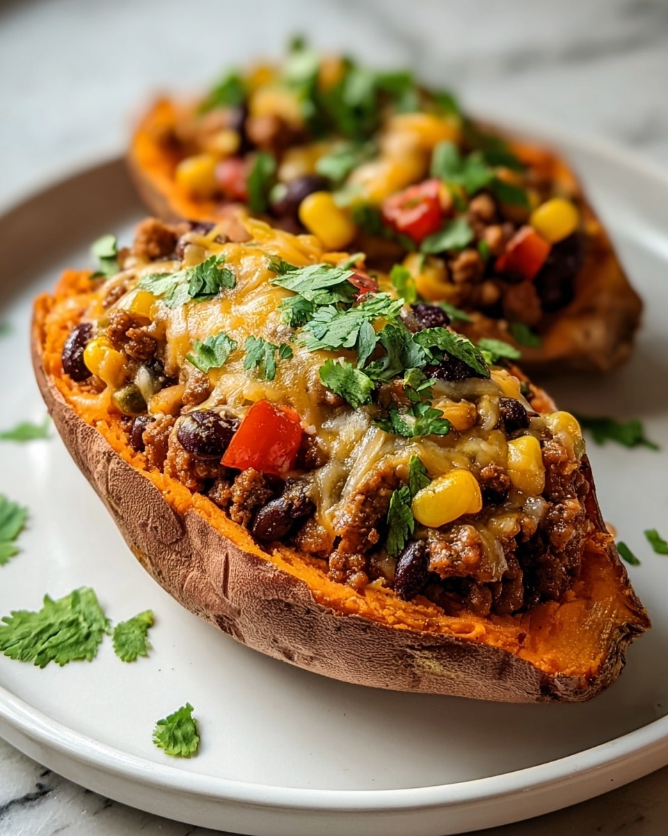 A large white oval platter showcasing a full batch of stuffed sweet potatoes, each halved and filled generously with seasoned ground beef, corn kernels, diced tomatoes, and finely chopped onions, all topped with dollops of creamy sour cream and fresh cilantro leaves, arranged neatly in rows, photographed from a 3/4 angle on a white marble countertop with natural lighting, styled like a hero shot in a food magazine, photo taken with an iphone --ar 4:5 --v 7