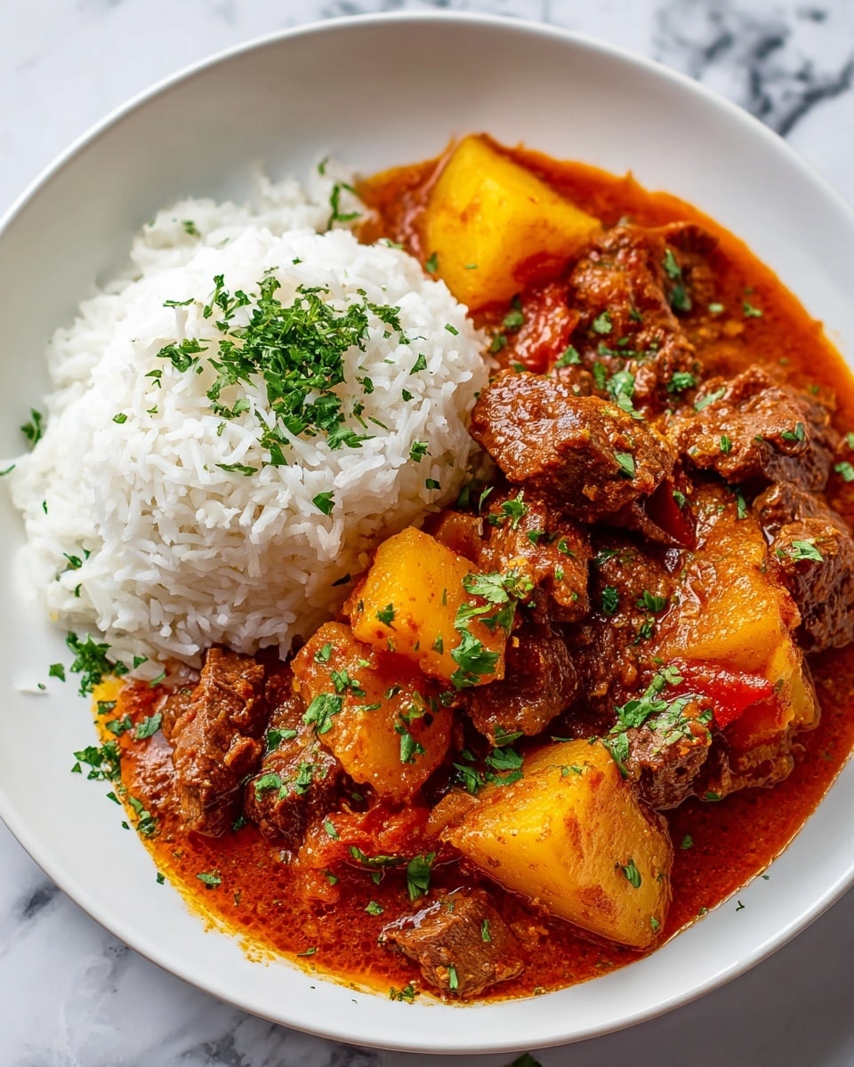 A large white ceramic pot filled with hearty beef stew, featuring generous chunks of tender beef, vibrant yellow potatoes, and diced carrots simmered in a rich, savory brown gravy, garnished with fresh parsley flakes, presented from a 3/4 angle on a white marble countertop under natural lighting, professional food magazine style hero shot photo taken with an iphone --ar 4:5 --v 7
