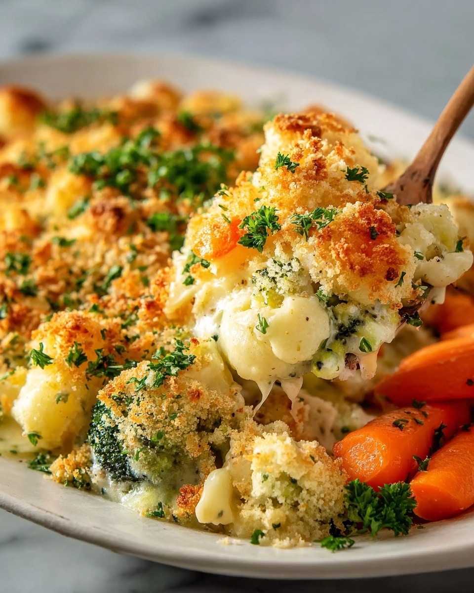 Large white rectangular baking dish filled with a creamy cheesy vegetable casserole featuring whole florets of broccoli, cauliflower, and sliced carrots, topped with a golden browned breadcrumb crust sprinkled with fresh chopped parsley, all arranged to showcase the full uncut casserole, photographed at a 3/4 angle on a white marble countertop with natural light, professional food magazine hero shot, photo taken with an iphone --ar 4:5 --v 7