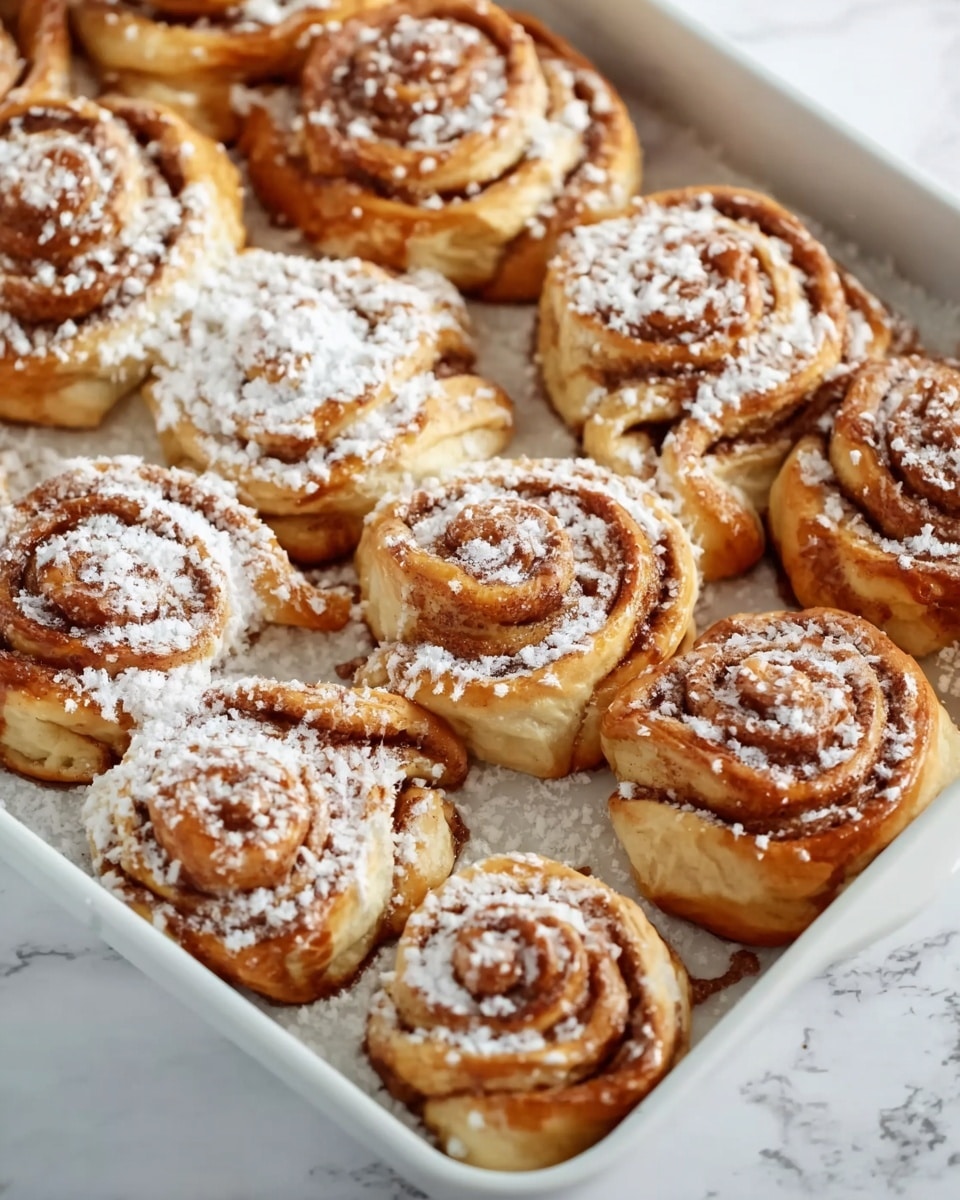 A large white rectangular baking tray filled with freshly baked cinnamon rolls arranged in neat rows, golden-brown with swirls of cinnamon and sugar, topped with a dusting of powdered sugar, the entire batch shown in a cozy, appetizing presentation on a white marble countertop with natural lighting, professional food styling photo taken with an iphone --ar 4:5 --v 7